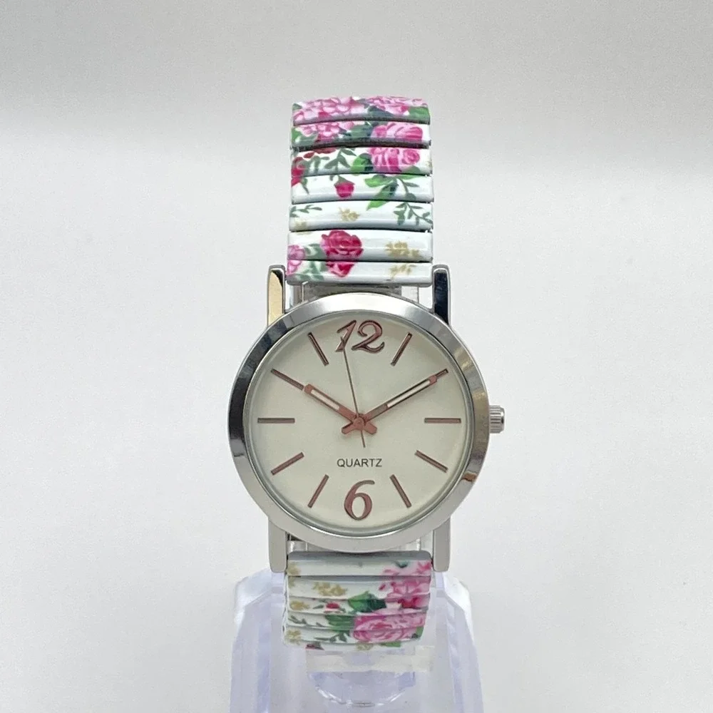 Womens Floral Watch 32mm Silver Tone Stretch Band Spring New Battery SMALL 6